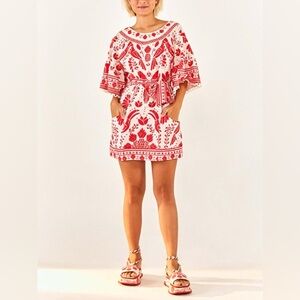 Farm Rio Jungle Flow Belted Mini Dress Red/ Cream Linen, Small